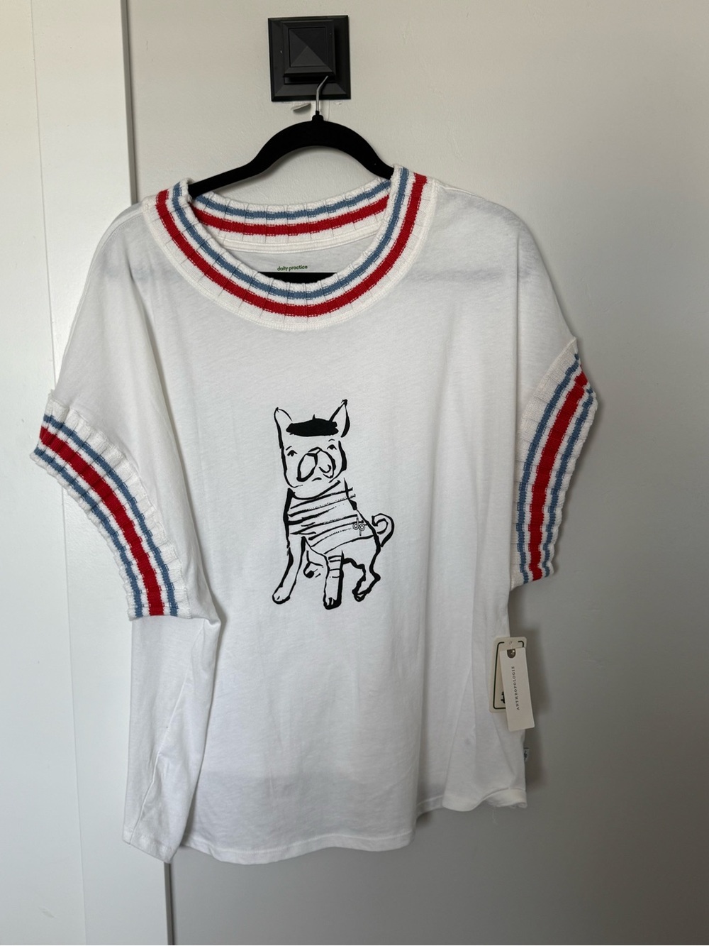 Anthropologie White Tee with Red & Blue Stripe Trim